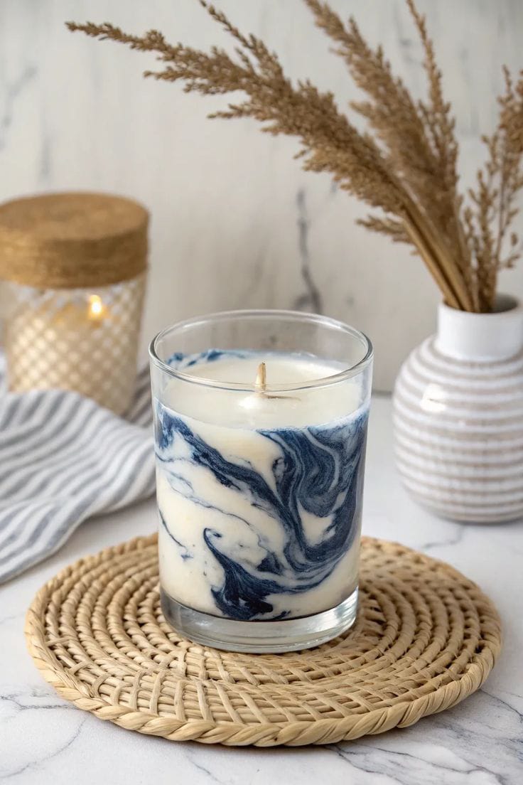 Vela Aromática en Vaso de Vidrio con Diseño Mármol Azul – Mecha de Madera – Estilo Nórdico Boho para Decoración del Hogar
